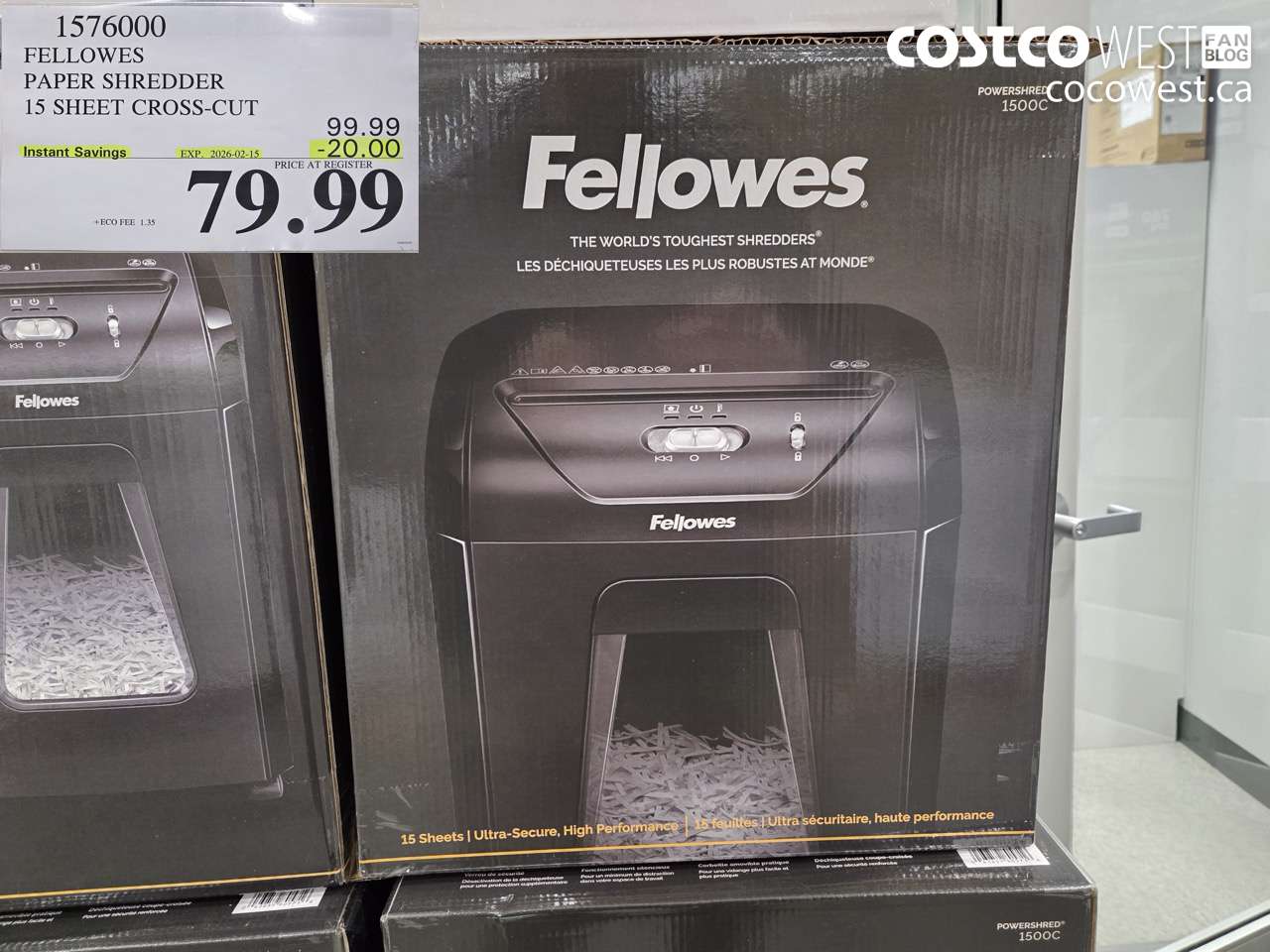1576000 FELLOWES PAPER SHREDDER 15 SHEET CROSS-CUT ($20.00 INSTANT SAVINGS EXPIRES ON 2026-02-15) $79.99