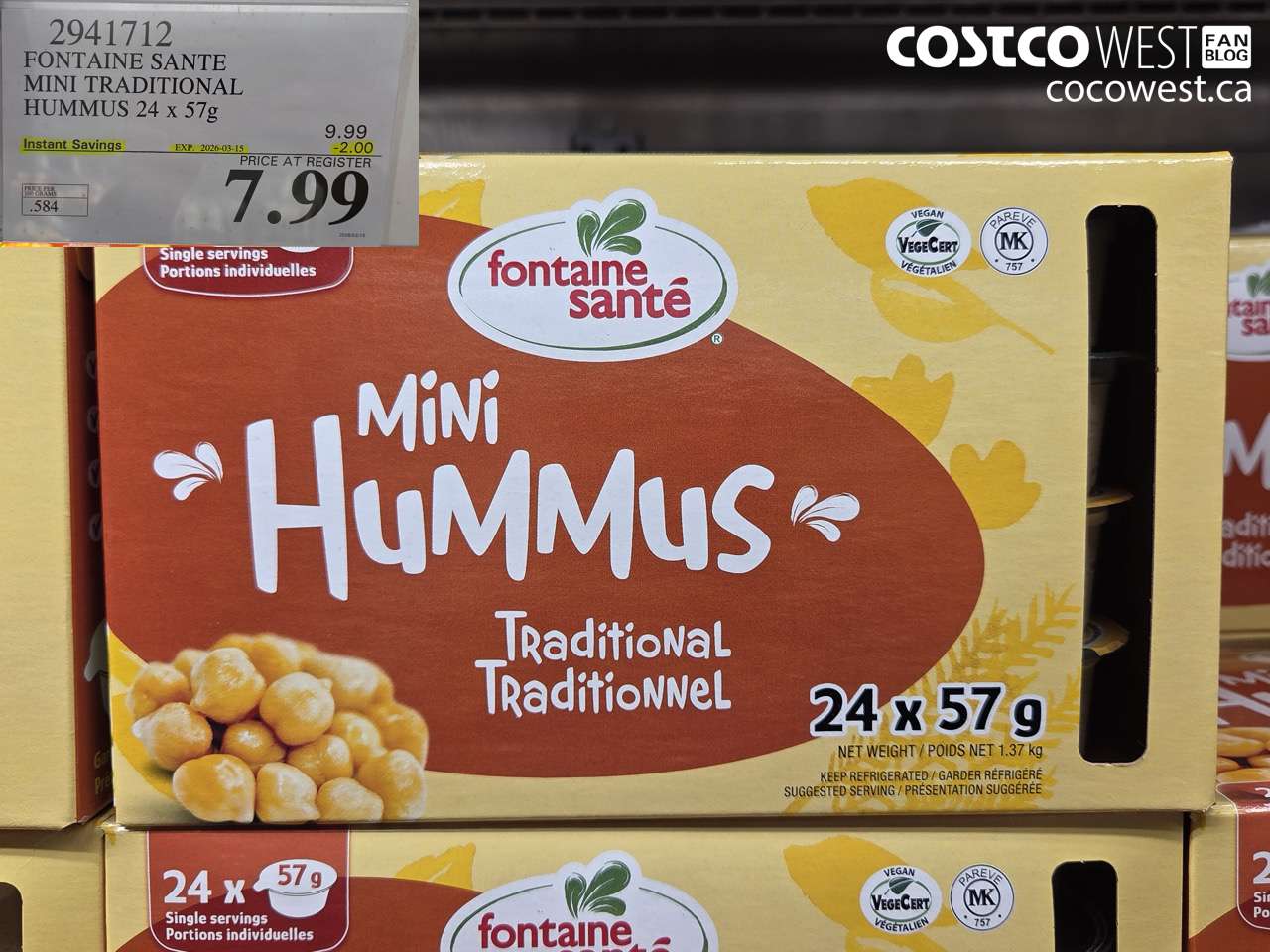 2941712 FONTAINE SANTE MINI TRADITIONAL HUMMUS 24 x 57g ($2.00 INSTANT SAVINGS EXPIRES ON 2026-03-15) $7.99