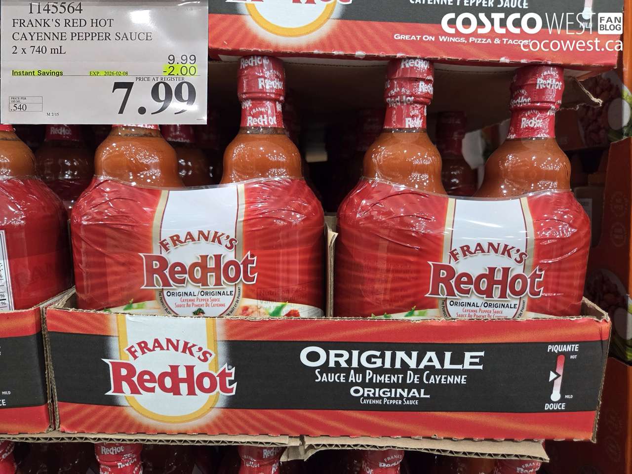 1145564 FRANK'S RED HOT CAYENNE PEPPER SAUCE 2 x 740 mL ($2.00 INSTANT SAVINGS EXPIRES ON 2026-02-08) $7.99