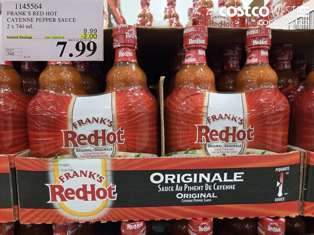 1145564 FRANK'S RED HOT CAYENNE PEPPER SAUCE 2 x 740 mL ($2.00 INSTANT SAVINGS EXPIRES ON 2026-02-08) $7.99