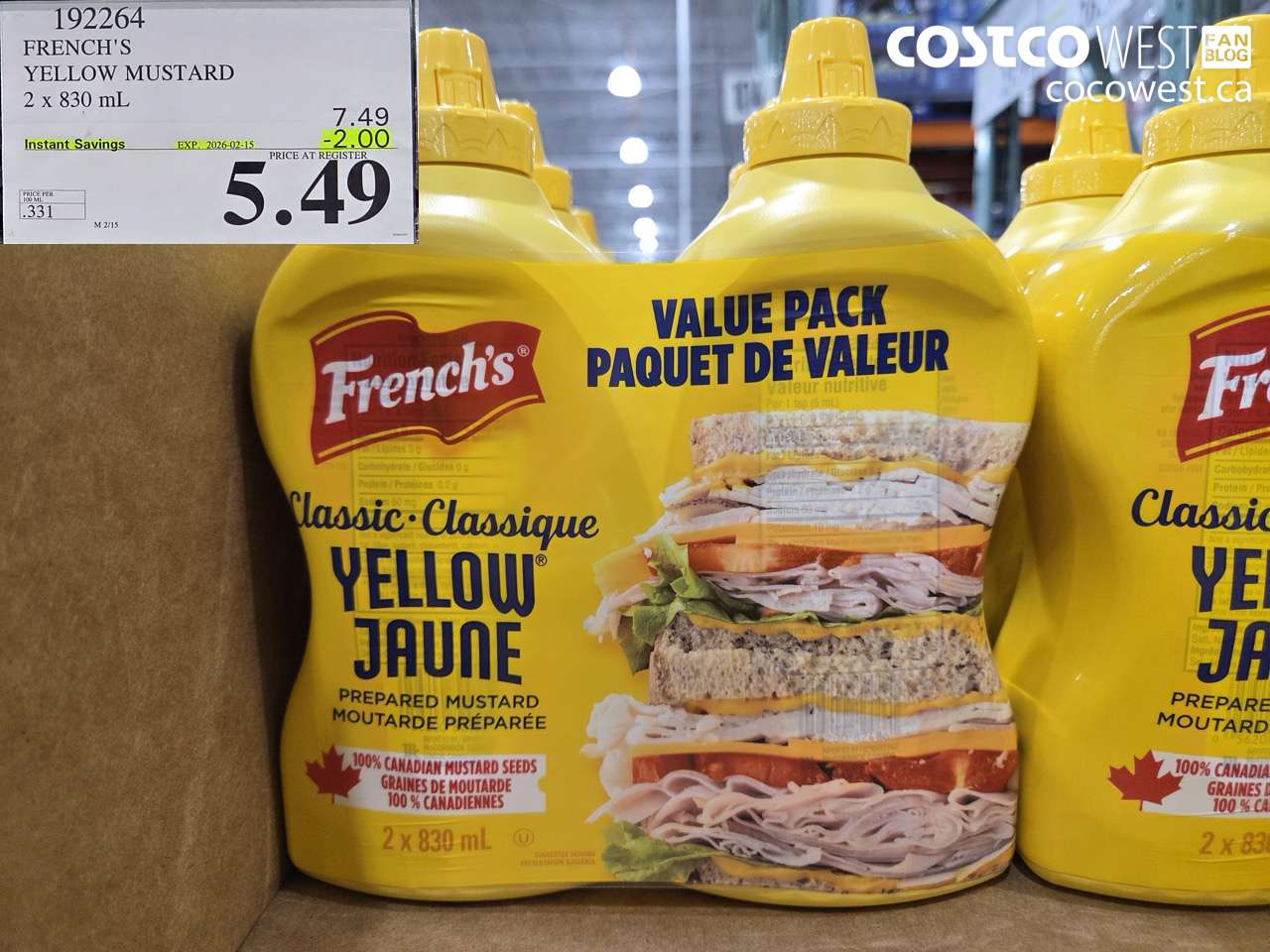 192264 FRENCH'S YELLOW MUSTARD 2 x 830 mL ($2.00 INSTANT SAVINGS EXPIRES ON 2026-02-15) $5.49