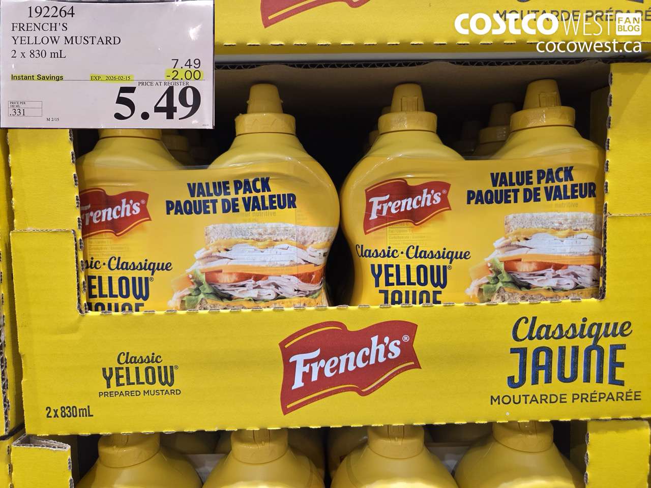 192264 FRENCH'S YELLOW MUSTARD 2 x 830 mL ($2.00 INSTANT SAVINGS EXPIRES ON 2026-02-15) $5.49