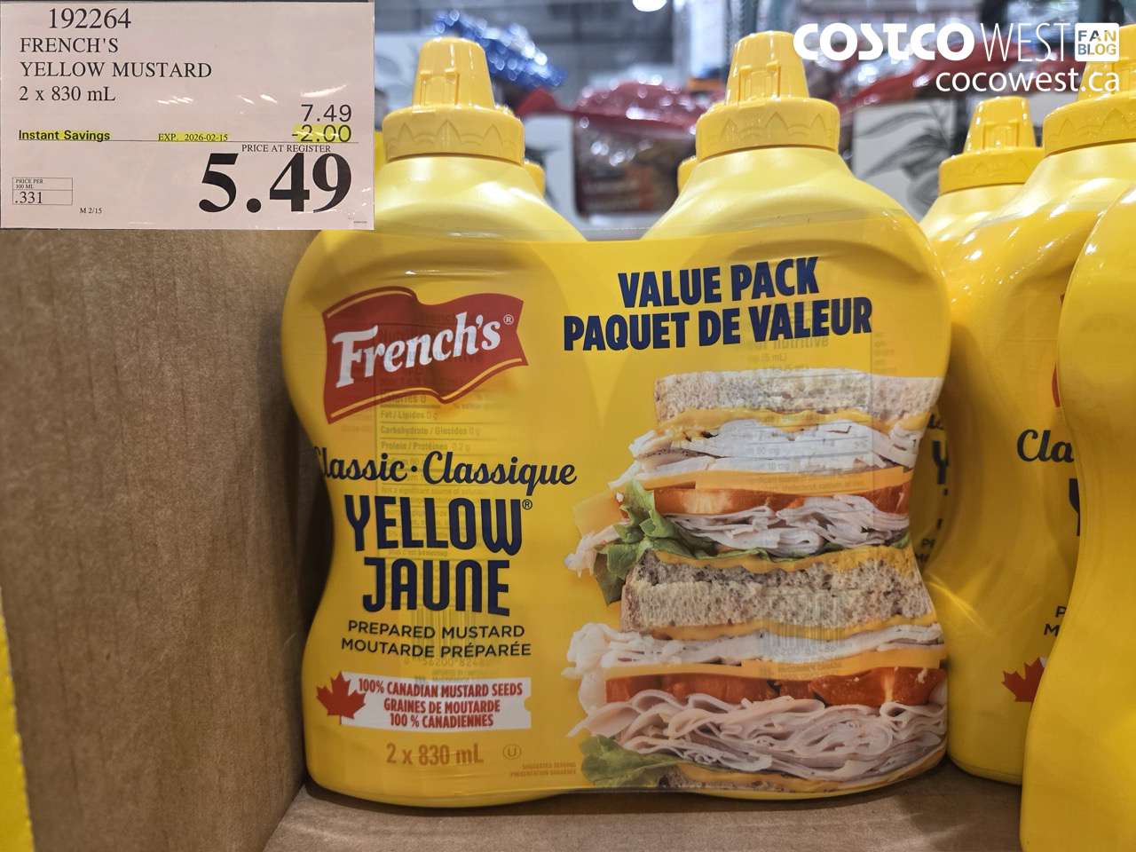192264 FRENCH'S YELLOW MUSTARD 2 x 830 mL ($2.00 INSTANT SAVINGS EXPIRES ON 2026-02-15) $5.49