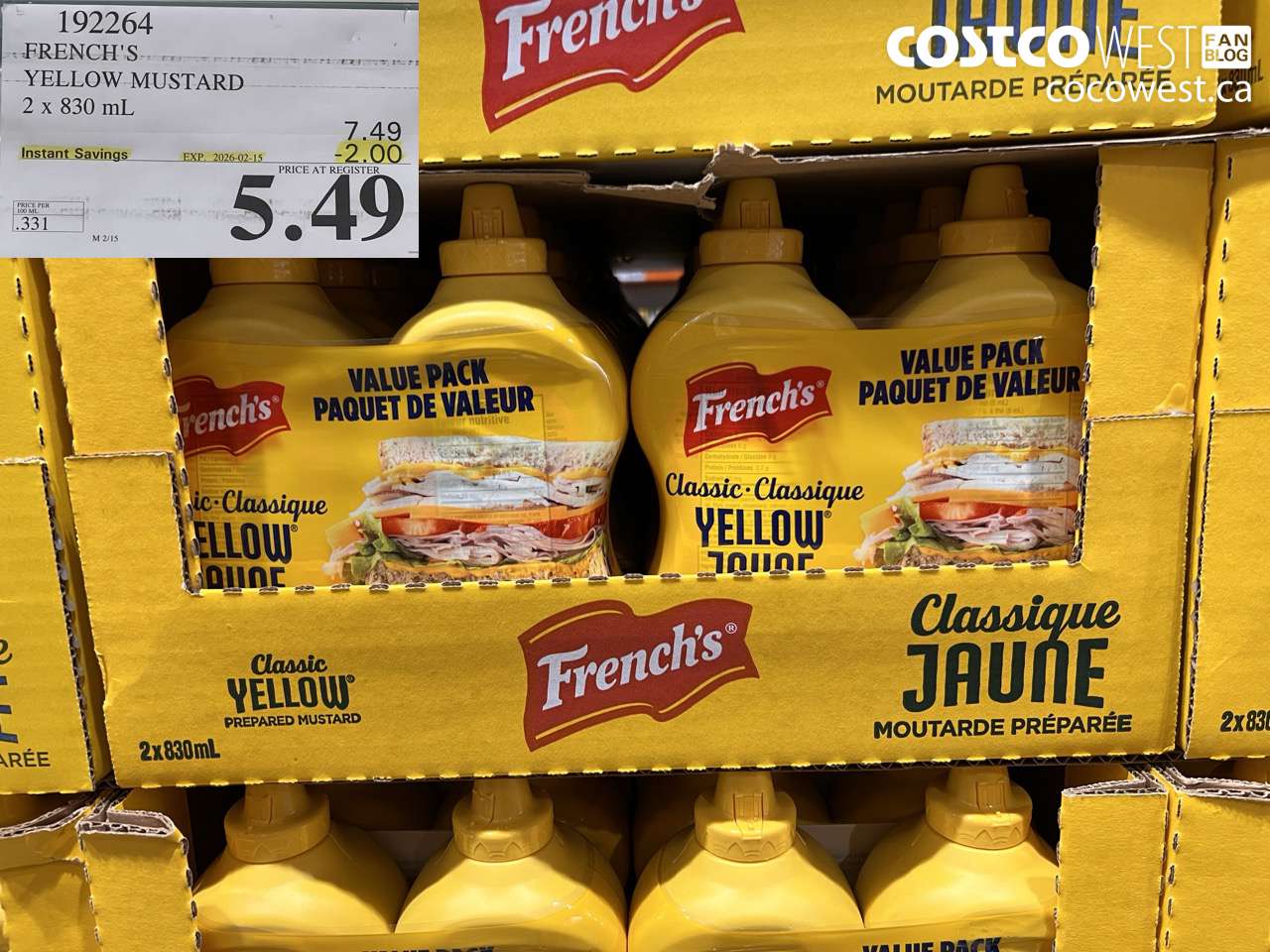 192264 FRENCH'S YELLOW MUSTARD 2 x 830 ml ($2.00 INSTANT SAVINGS EXPIRES ON 2026-02-15) $5.49