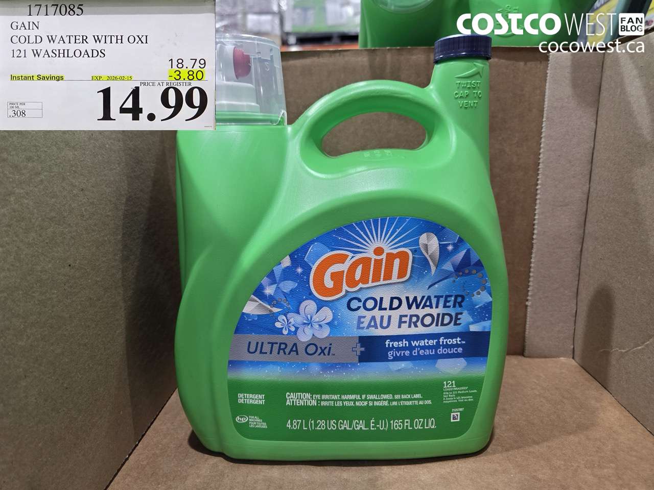 1717085 GAIN COLD WATER OXI LIQUID DETERGENT 121 WASHLOADS ($3.80 INSTANT SAVINGS EXPIRES ON 2026-02-15) $14.99