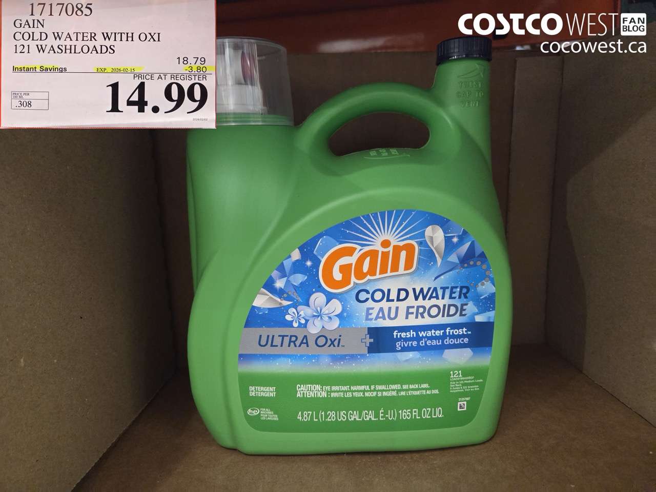 1717085 GAIN COLD WATER WITH OXI 121 WASHLOADS ($3.80 INSTANT SAVINGS EXPIRES ON 2026-02-15) $14.99