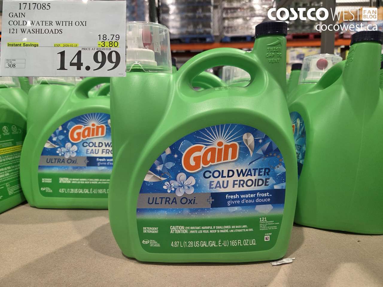 1717085 GAIN COLD WATER WITH OXI 121 WASHLOADS ($3.80 INSTANT SAVINGS EXPIRES ON 2026-02-15) $14.99
