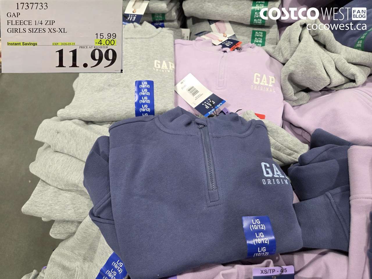 1737733 GAP FLEECE 1/4 ZIP GIRLS SIZES XS-XL ($4.00 INSTANT SAVINGS EXPIRES ON 2026-03-15) $11.99