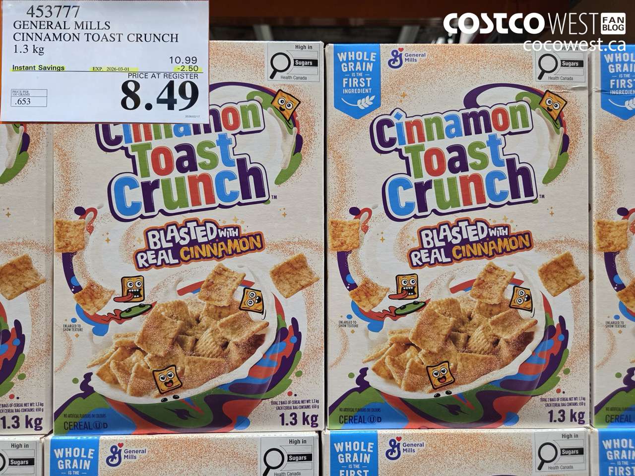 453777 GENERAL MILLS CINNAMON TOAST CRUNCH 1.3 kg ($2.50 INSTANT SAVINGS EXPIRES ON 2026-03-01) $8.49