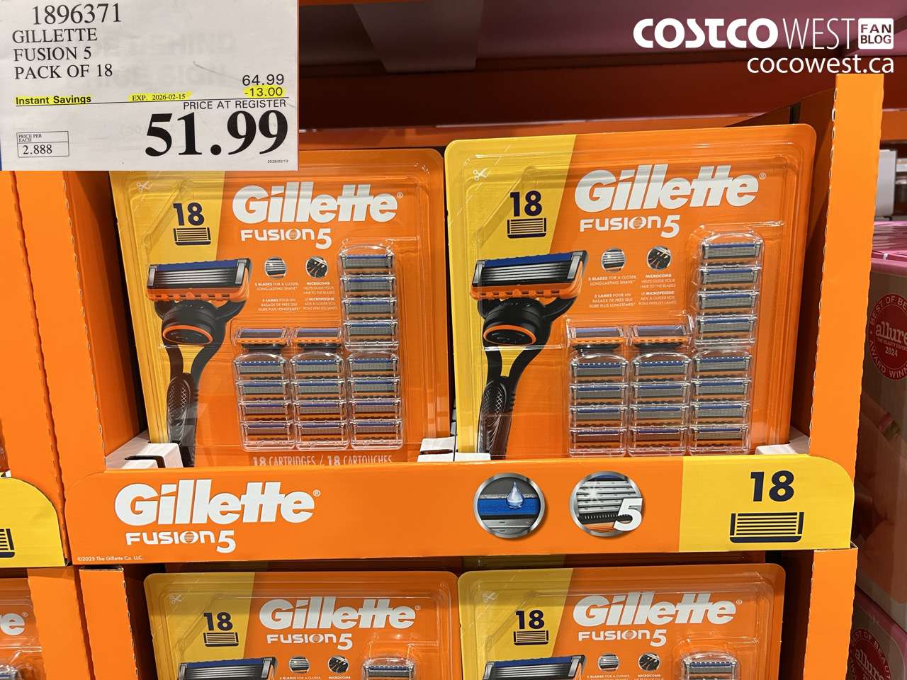 1896371 GILLETTE FUSION 5 PACK OF 18 ($13.00 INSTANT SAVINGS EXPIRES ON 2026-02-15) $51.99