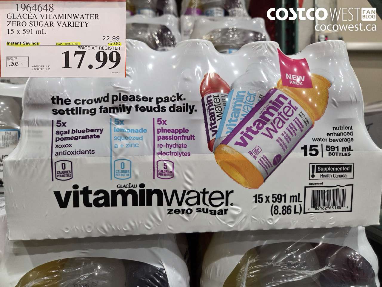 1964648 GLACÉA VITAMINWATER ZERO SUGAR VARIETY 15 X 591 ML ($5.00 INSTANT SAVINGS EXPIRES ON 2026-03-01) $17.99