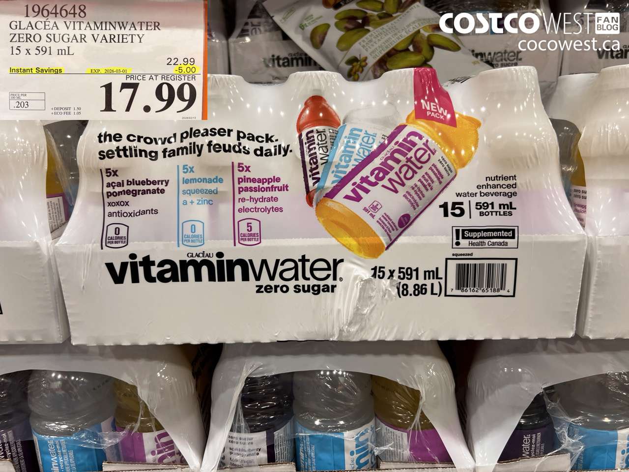 1964648 GLACÉA VITAMINWATER ZERO SUGAR VARIETY 15 x 591 mL ($5.00 INSTANT SAVINGS EXPIRES ON 2026-03-01) $17.99