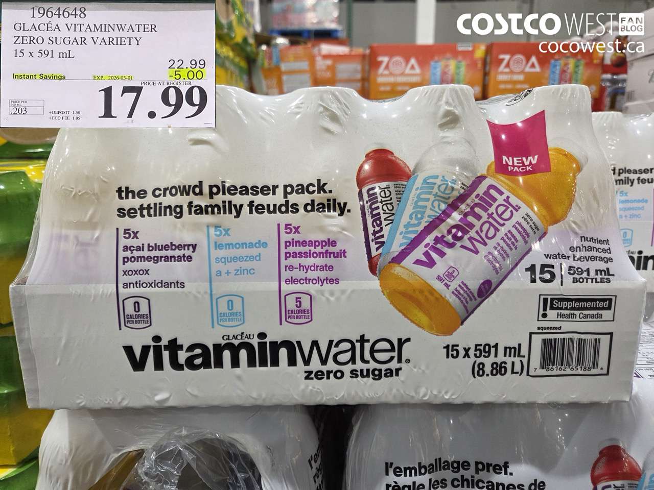 1964648 GLACÉA VITAMINWATER ZERO SUGAR VARIETY 15 x 591 mL ($5.00 INSTANT SAVINGS EXPIRES ON 2026-03-01) $17.99