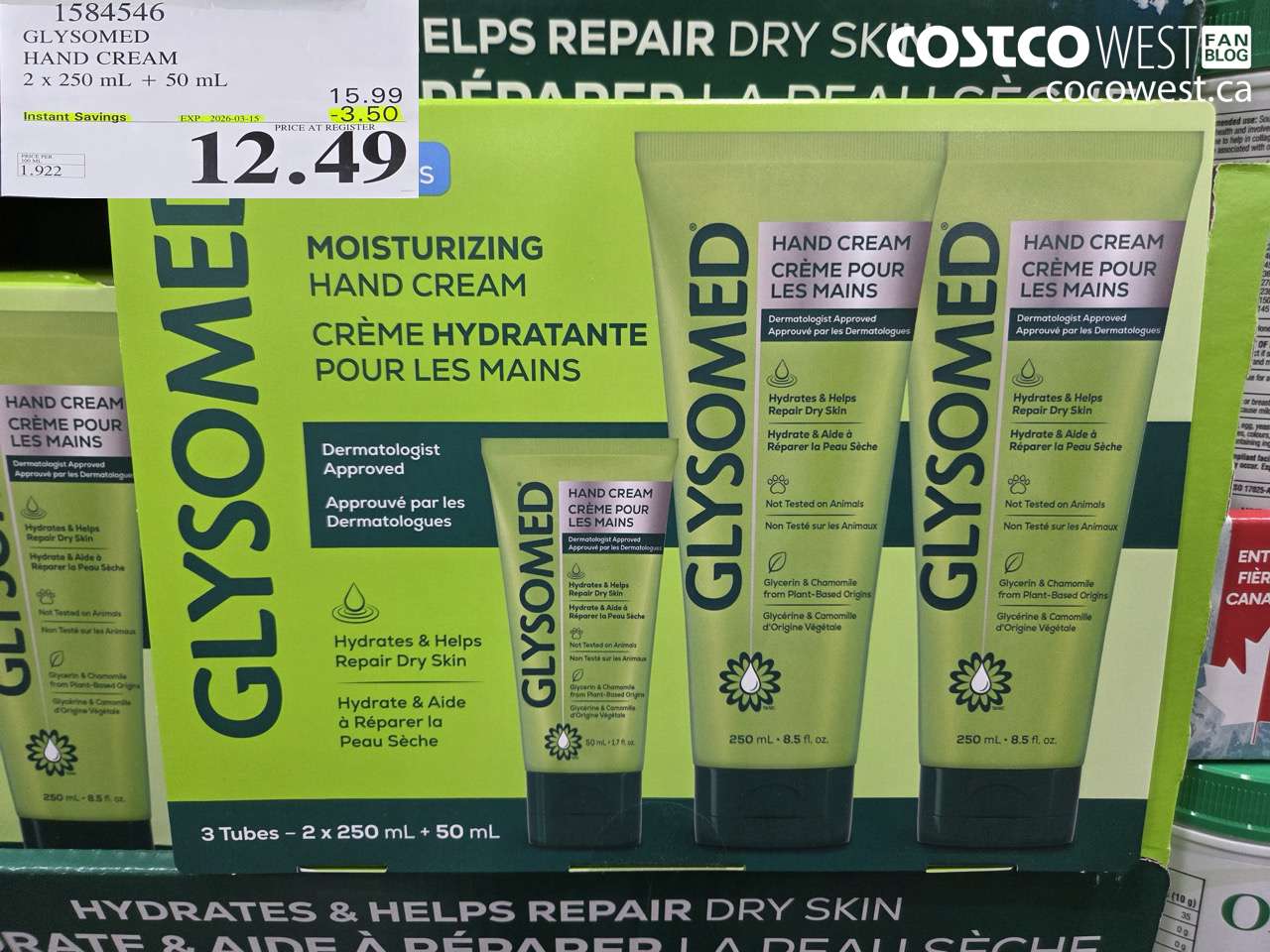 1584546 GLYSOMED HAND CREAM 2 x 250 mL + 50 mL ($3.50 INSTANT SAVINGS EXPIRES ON 2026-03-15) $12.49