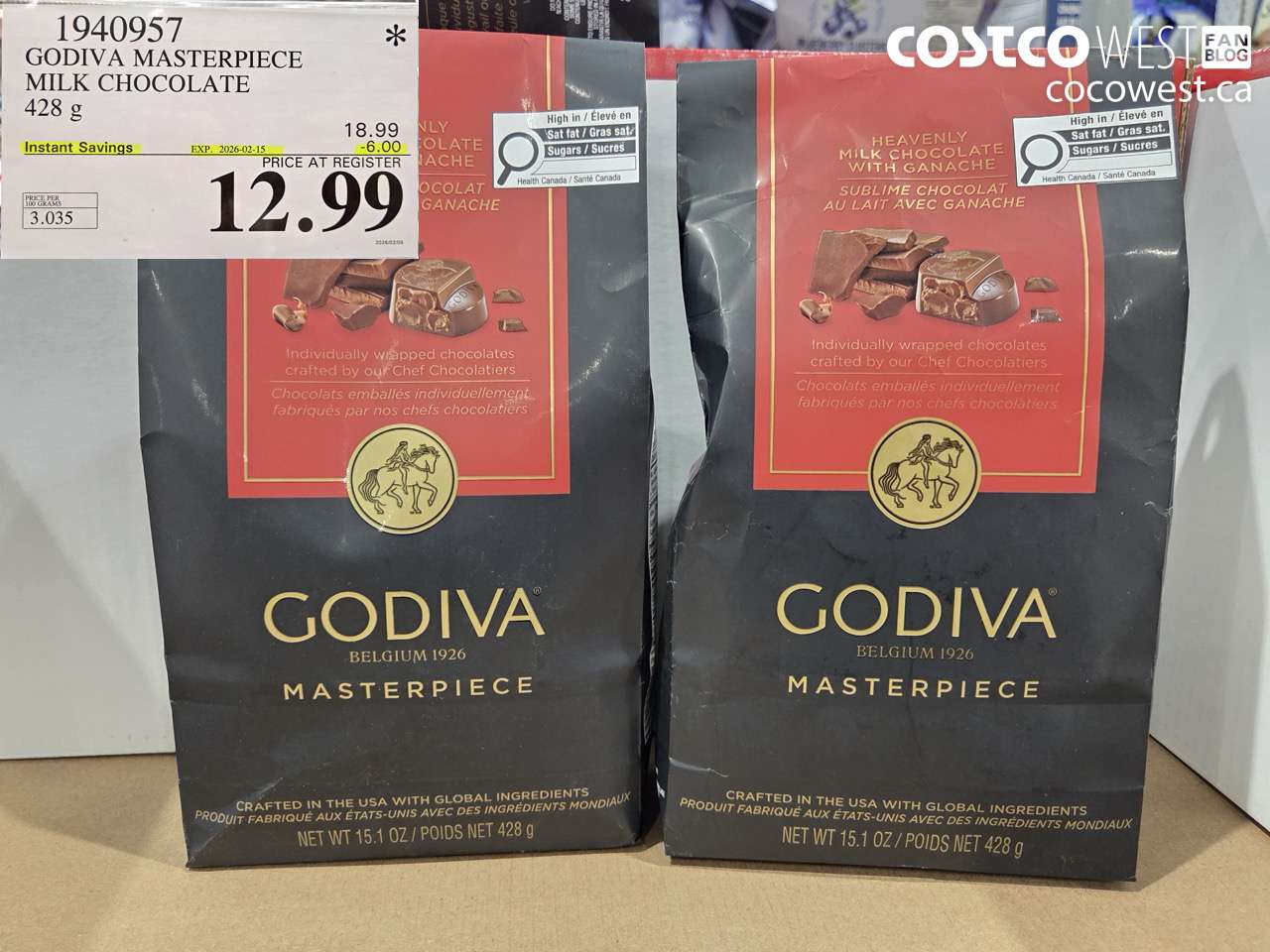 1940957 GODIVA MASTERPIECE MILK CHOCOLATE 428 g ($6.00 INSTANT SAVINGS EXPIRES ON 2026-02-15) $12.99