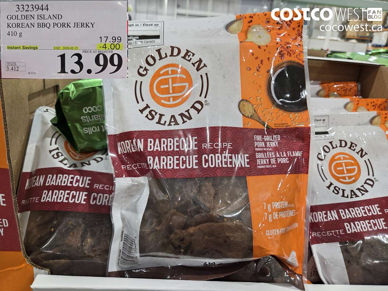 3323944 GOLDEN ISLAND KOREAN BBQ PORK JERKY 410 g ($4.00 INSTANT SAVINGS EXPIRES ON 2026-02-15) $13.99