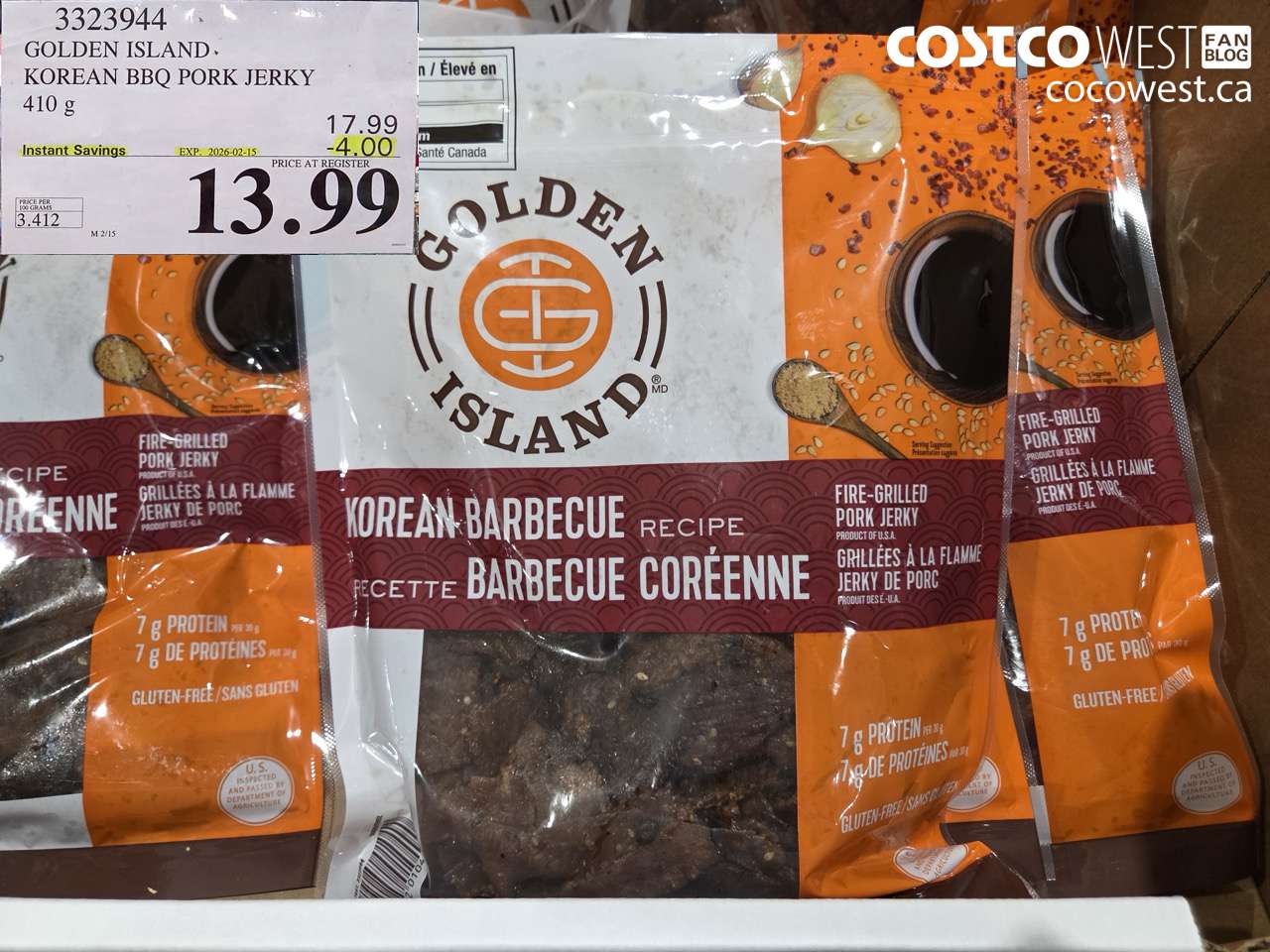 3323944 GOLDEN ISLAND KOREAN BBQ PORK JERKY 410 g ($4.00 INSTANT SAVINGS EXPIRES ON 2026-02-15) $13.99