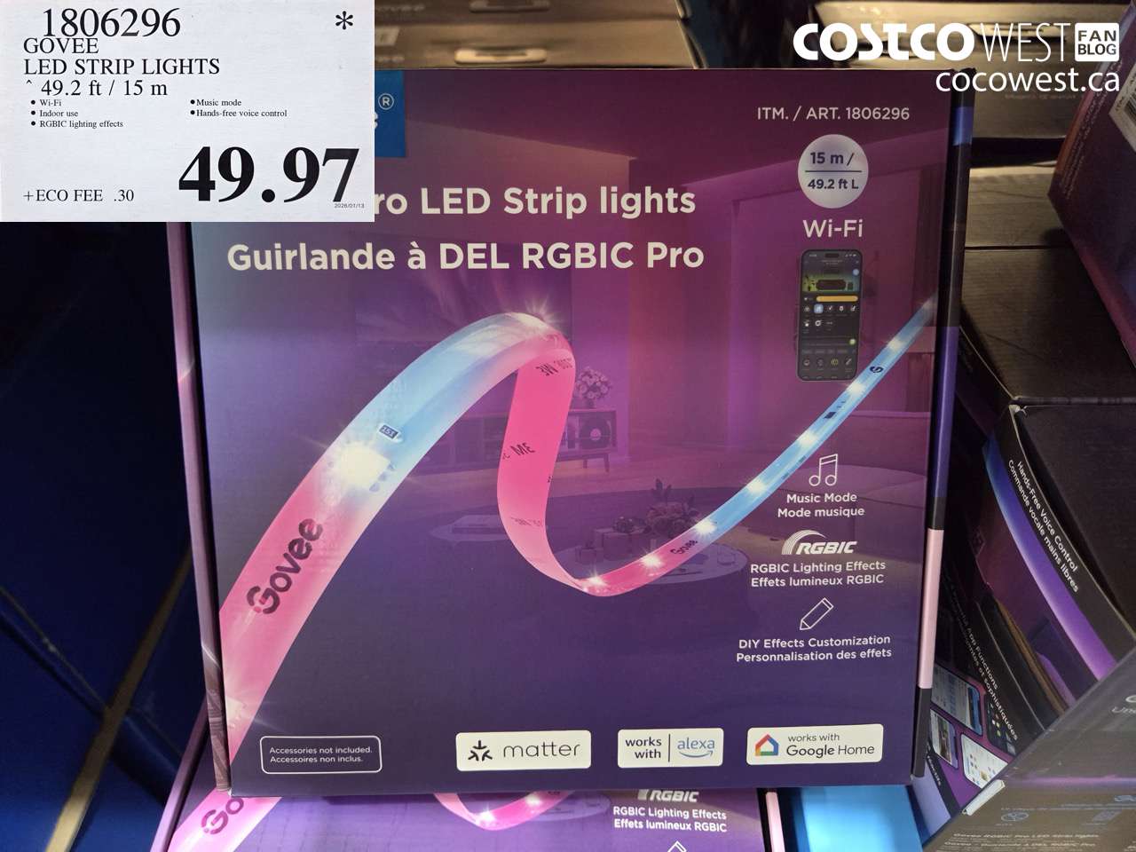 1806296 GOVEE LED STRIP LIGHTS 49.2FT/15M $49.97