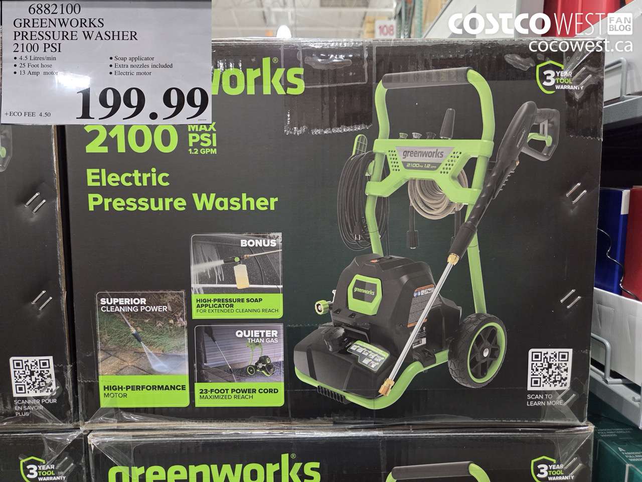6882100 GREENWORKS PRESSURE WASHER 2100 PSI $199.99