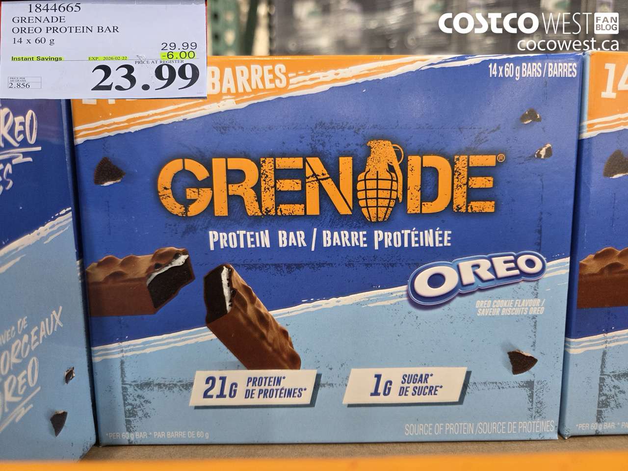 184465 GRENADE OREO PROTEIN BAR 14 x 60 g ($6.00 INSTANT SAVINGS EXPIRES ON 2026-02-22) $23.99