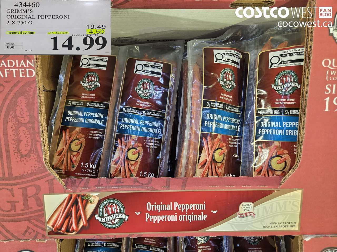 434460 GRIMM'S NATURAL FRESH PEPPERONI 2 x 750 g ($4.50 INSTANT SAVINGS EXPIRES ON 2026-02-08) $14.99