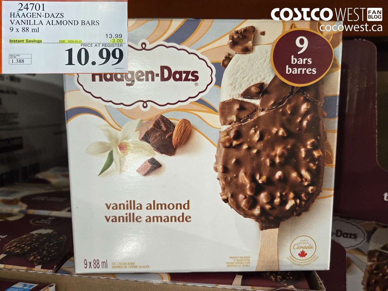 24701 HÄAGEN-DAZS VANILLA ALMOND BARS 9 X 88ML ($3.00 INSTANT SAVINGS EXPIRES ON 2026-03-15) $10.99