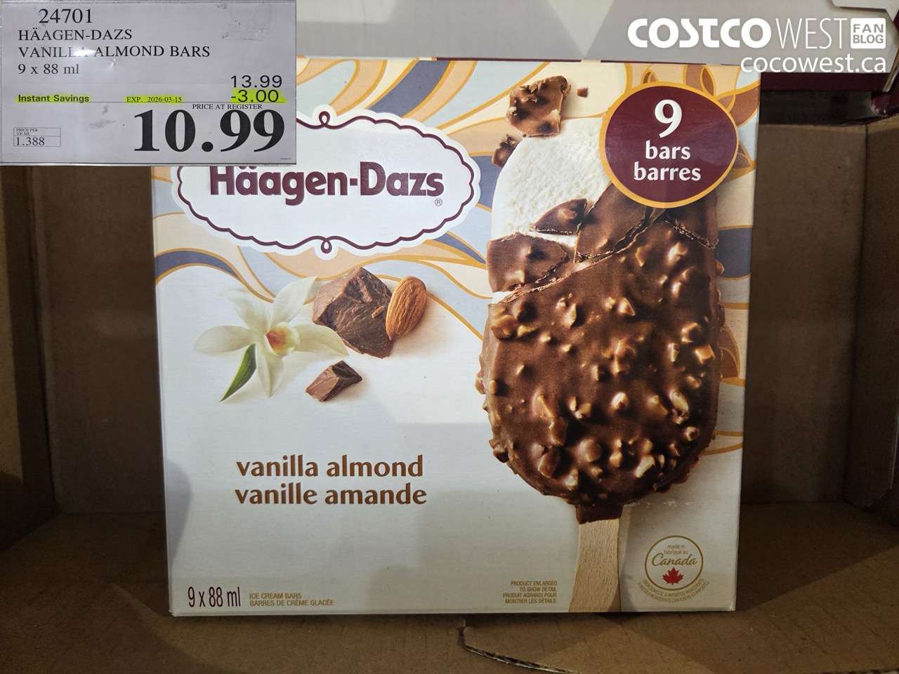 24701 HÄAGEN-DAZS VANILLA ALMOND BARS 9 x 88 ml ($3.00 INSTANT SAVINGS EXPIRES ON 2026-03-15) $10.99