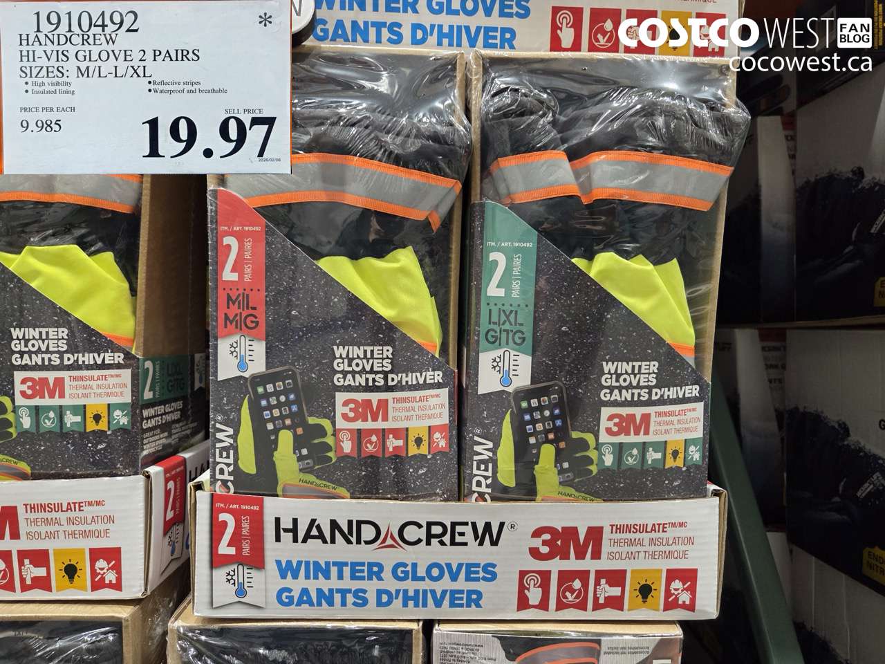 1910492 HANDCREW HI-VIS GLOVE 2 PAIRS SIZES: M/L-L/XL $19.97