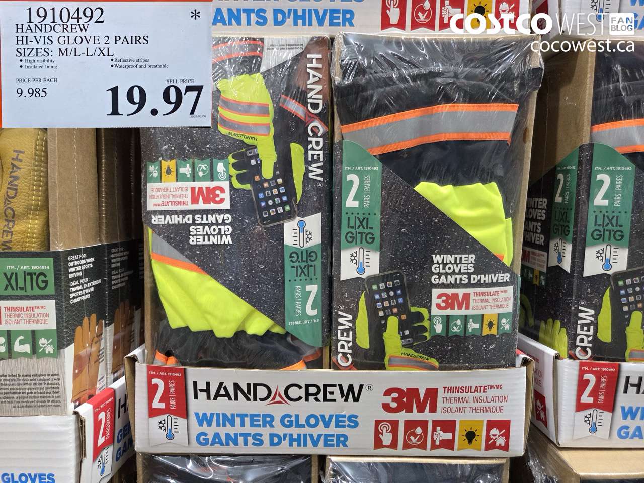 1910492 HANDCREW HI-VIS GLOVE 2 PAIRS SIZES: M/L-L/XL $19.97