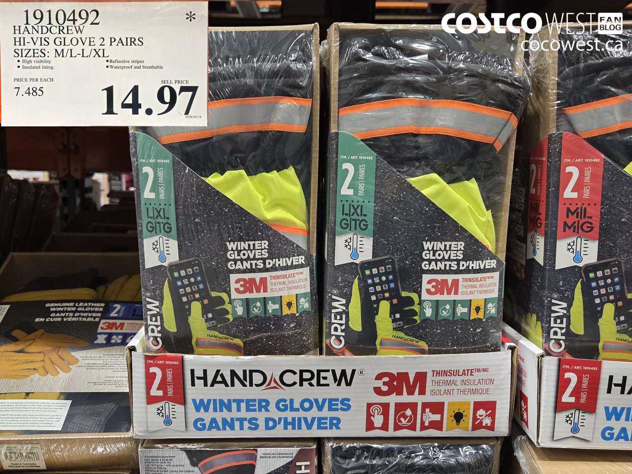 1910492 HANDCREW HI-VIS GLOVE 2 PAIRS SIZES: M/L-L/XL $14.97