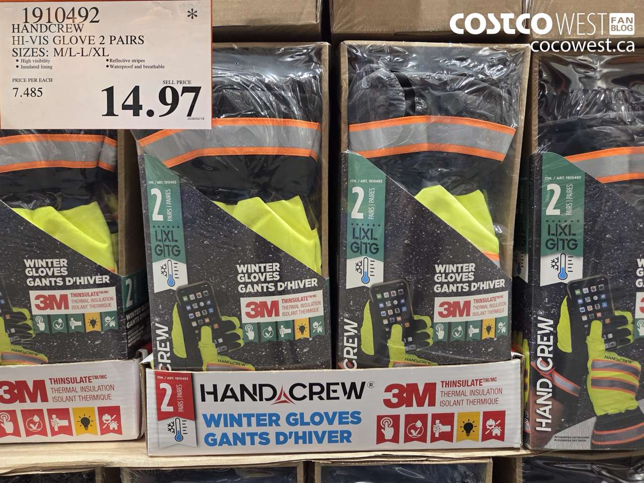 1910492 HANDCREW HI-VIS GLOVE 2 PAIRS SIZES: M/L-L/XL $14.97