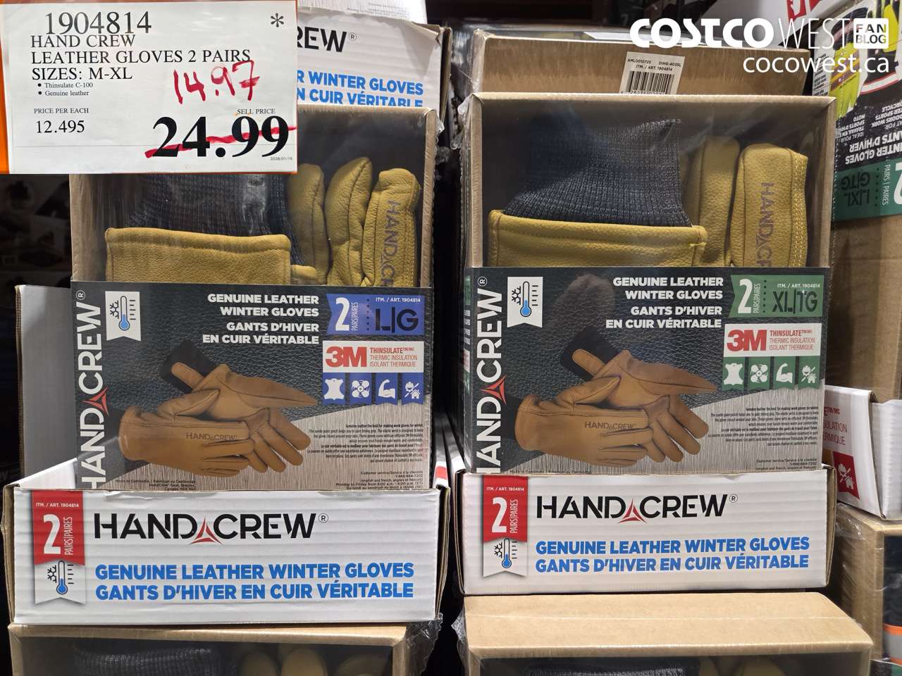 1904814 HAND CREW LEATHER GLOVES 2 PAIRS SIZES: M-XL $14.97