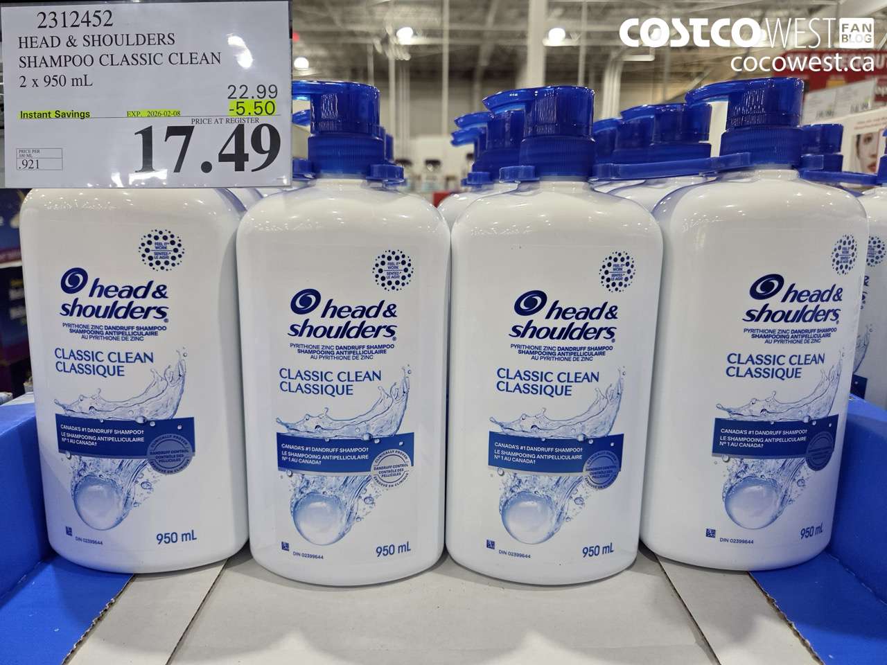 2312452 HEAD & SHOULDERS SHAMPOO CLASSIC CLEAN 2 X 950 ML ($5.50 INSTANT SAVINGS EXPIRES ON 2026-02-08) $17.49