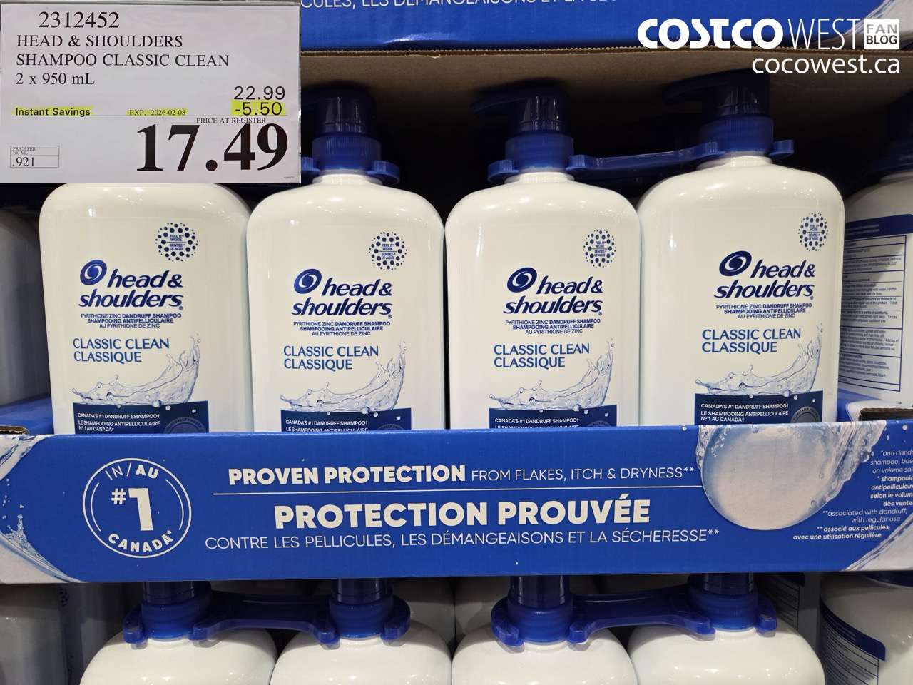 2312452 HEAD & SHOULDERS SHAMPOO CLASSIC CLEAN 2 x 950 mL ($5.50 INSTANT SAVINGS EXPIRES ON 2026-02-08) $17.49