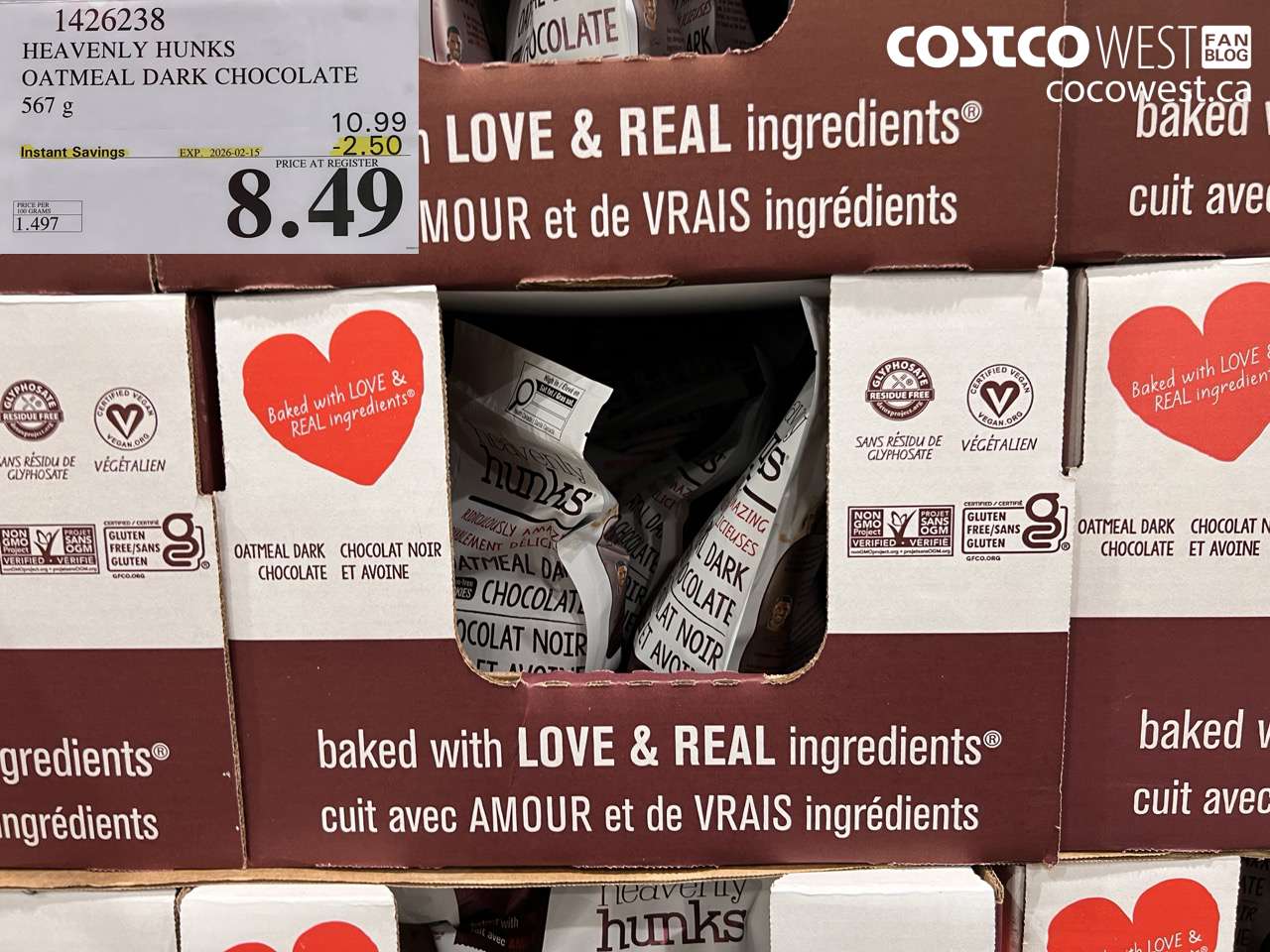 1426238 HEAVENLY HUNKS OATMEAL DARK CHOCOLATE 567 g ($2.50 INSTANT SAVINGS EXPIRES ON 2026-02-15) $8.49