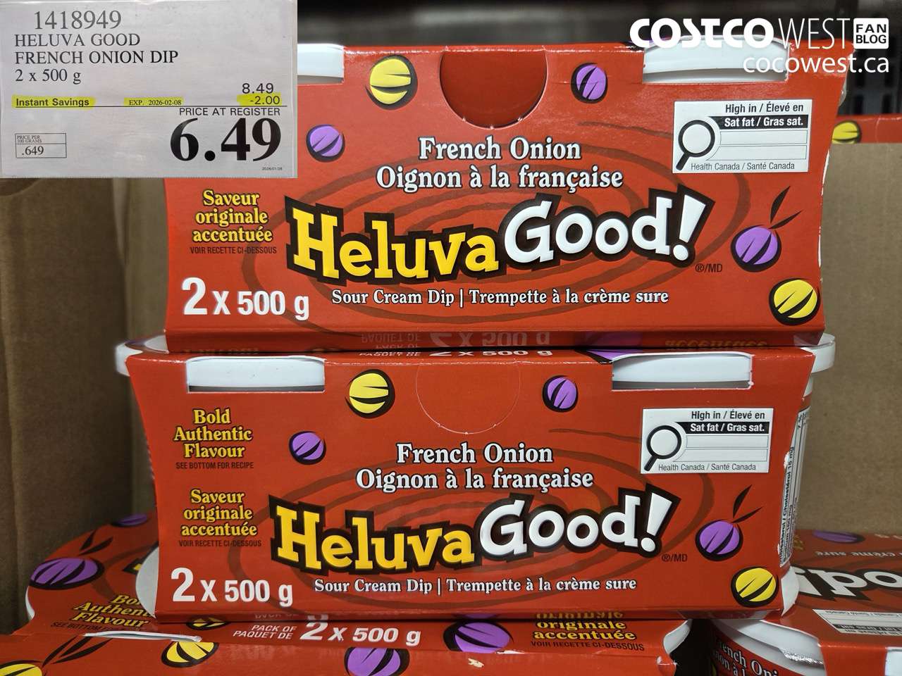1418949 HELUVA GOOD FRENCH ONION DIP 2 x 500 g ($2.00 INSTANT SAVINGS EXPIRES ON 2026-02-08) $6.49