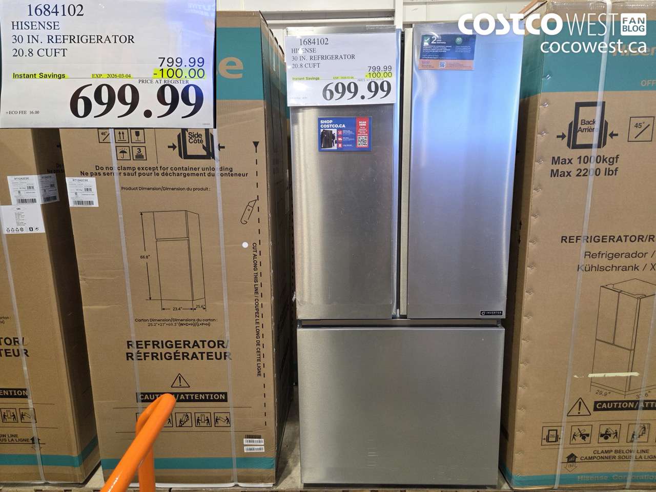 1684102 HISENSE 30 IN. REFRIGERATOR 20.8 CUFT ($100.00 INSTANT SAVINGS EXPIRES ON 2026-03-04) $699.99