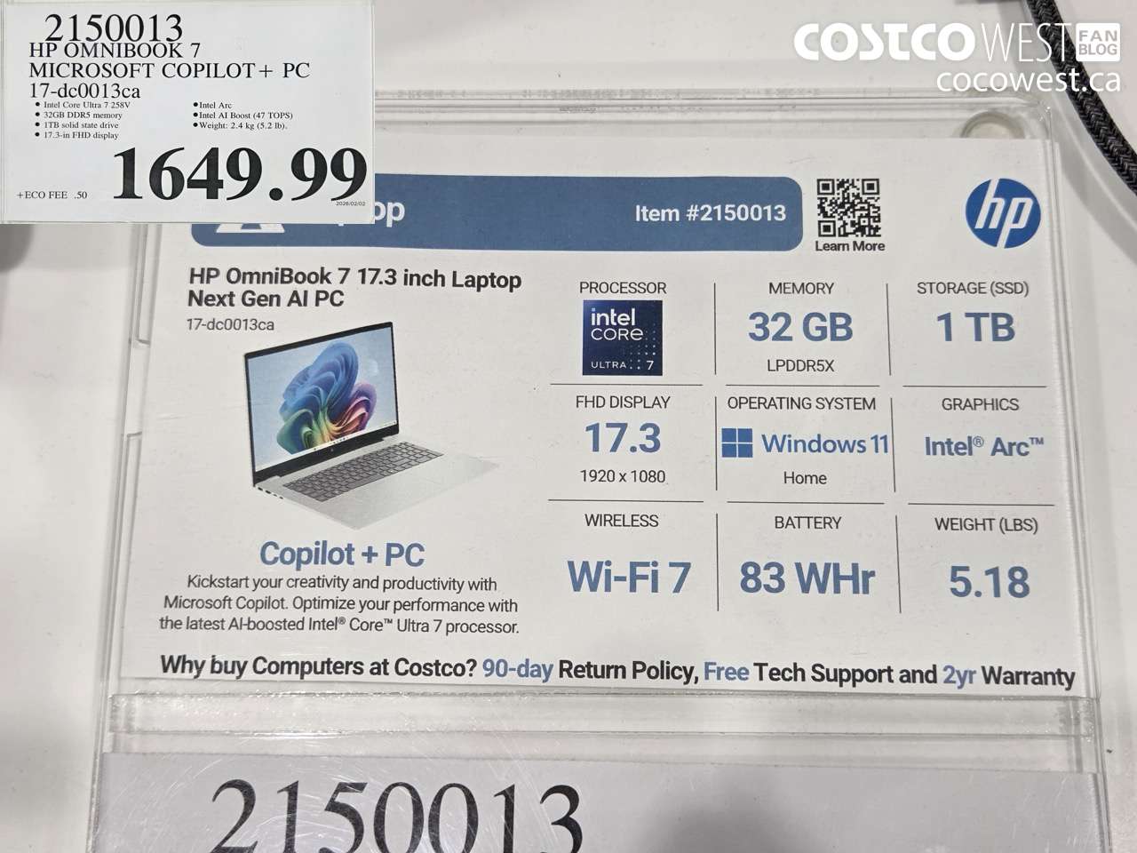 2150013 HP OMNIBOOK 7 MICROSOFT COPILOT+ PC 17-DC0013CA $1649.99