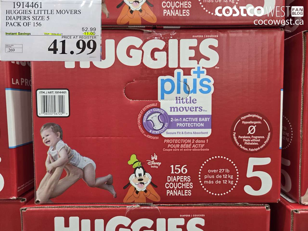 1914461 HUGGIES LITTLE MOVERS DIAPERS SIZE 5 PACK OF 156 ($11.00 INSTANT SAVINGS EXPIRES ON 2026-03-15) $41.99