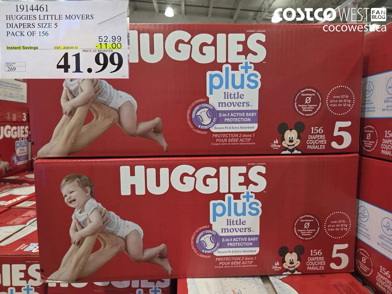 1914461 HUGGIES LITTLE MOVERS DIAPERS SIZE 5 PACK OF 156 ($11.00 INSTANT SAVINGS EXPIRES ON 2026-03-15) $41.99