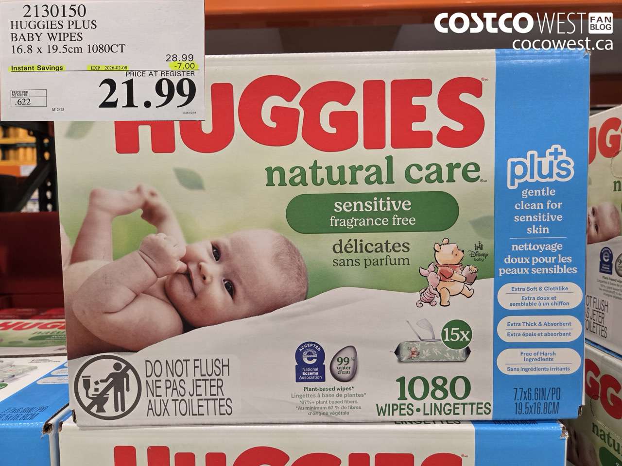 2130150 HUGGIES PLUS BABY WIPES 16.8 x 19.5cm 1080CT ($7.00 INSTANT SAVINGS EXPIRES ON 2026-02-08) $21.99