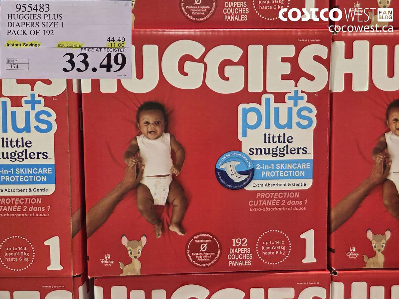 955483 HUGGIES PLUS DIAPERS SIZE 1 PACK OF 192 ($11.00 INSTANT SAVINGS EXPIRES ON 2026-03-15) $33.49