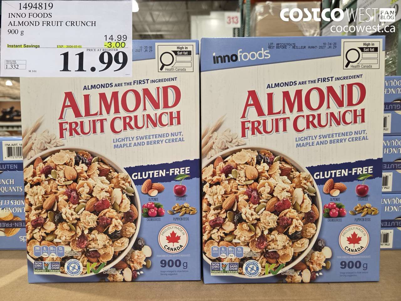 1494819 INNO FOODS ALMOND FRUIT CRUNCH 900G ($3.00 INSTANT SAVINGS EXPIRES ON 2026-03-01) $11.99