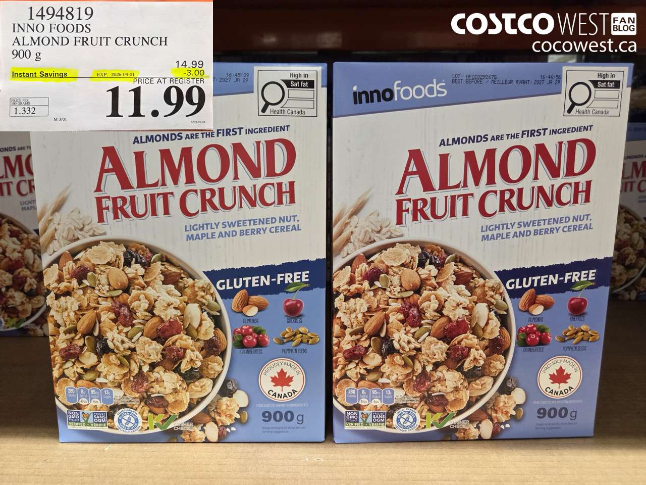 1494819 INNO FOODS ALMOND FRUIT CRUNCH 900 G ($3.00 INSTANT SAVINGS EXPIRES ON 2026-03-01) $11.99