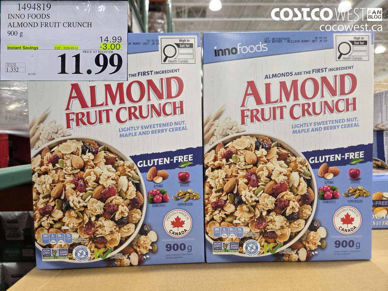 1494819 INNO FOODS ALMOND FRUIT CRUNCH 900 g ($3.00 INSTANT SAVINGS EXPIRES ON 2026-03-01) $11.99