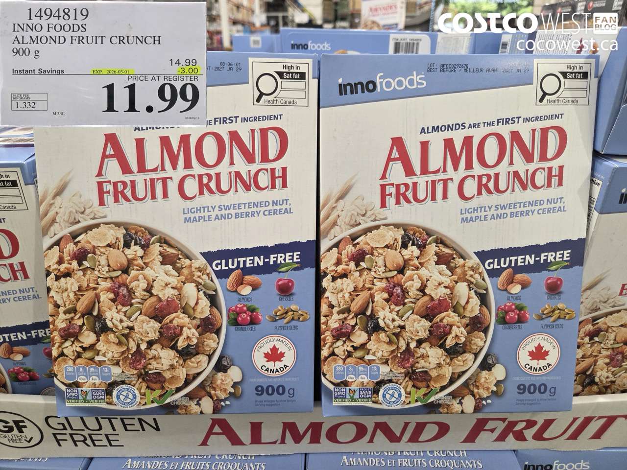 1494819 INNO FOODS ALMOND FRUIT CRUNCH 900 g ($3.00 INSTANT SAVINGS EXPIRES ON 2026-03-01) $11.99