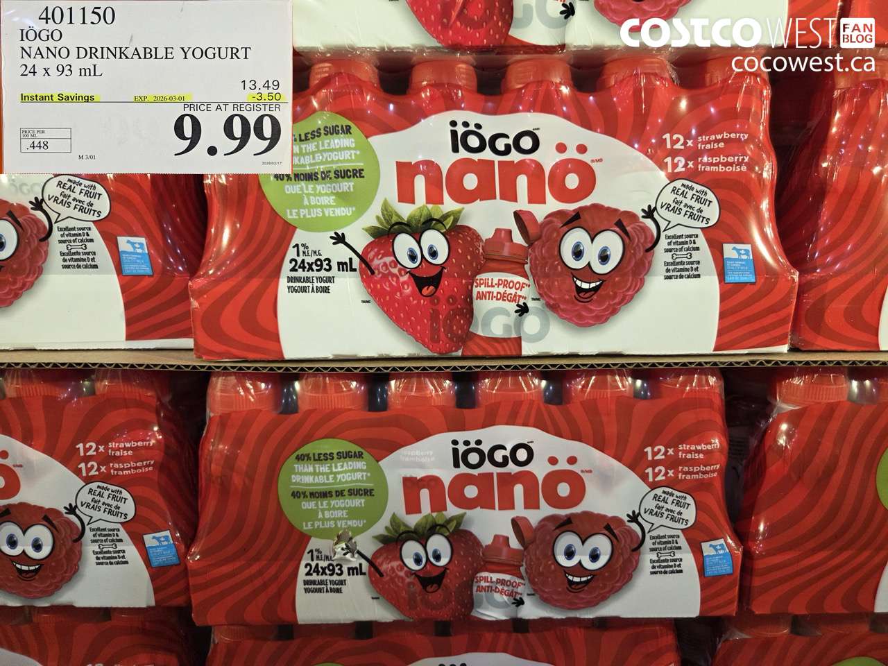 401150 IOGO NANO DRINKABLE YOGURT 24 x 93 mL ($3.50 INSTANT SAVINGS EXPIRES ON 2026-03-01) $9.99