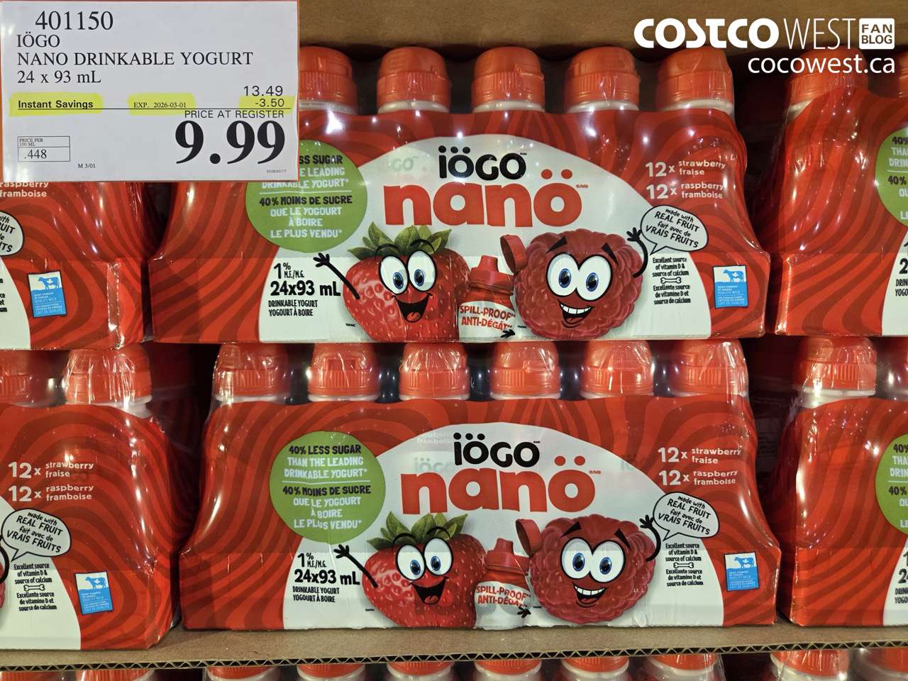 401150 IÖGO NANO DRINKABLE YOGURT 24 x 93 mL ($3.50 INSTANT SAVINGS EXPIRES ON 2026-03-01) $9.99