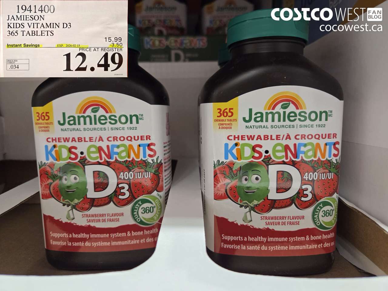 1941400 JAMESON KIDS VITAMIN D3 365 TABLETS ($3.50 INSTANT SAVINGS EXPIRES ON 2026-02-15) $12.49