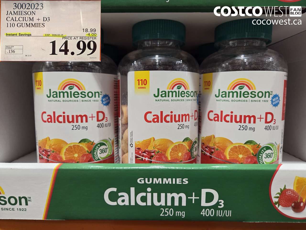 3002023 JAMIESON CALCIUM + D3 110 GUMMIES ($4.00 INSTANT SAVINGS EXPIRES ON 2026-02-15) $14.99